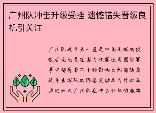 广州队冲击升级受挫 遗憾错失晋级良机引关注