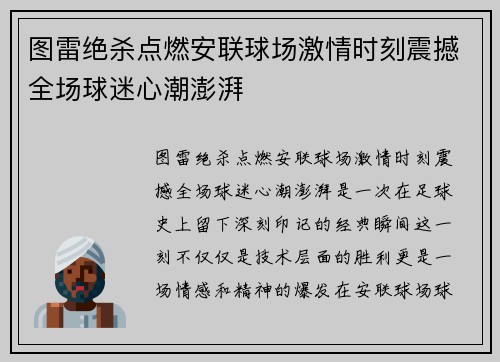图雷绝杀点燃安联球场激情时刻震撼全场球迷心潮澎湃